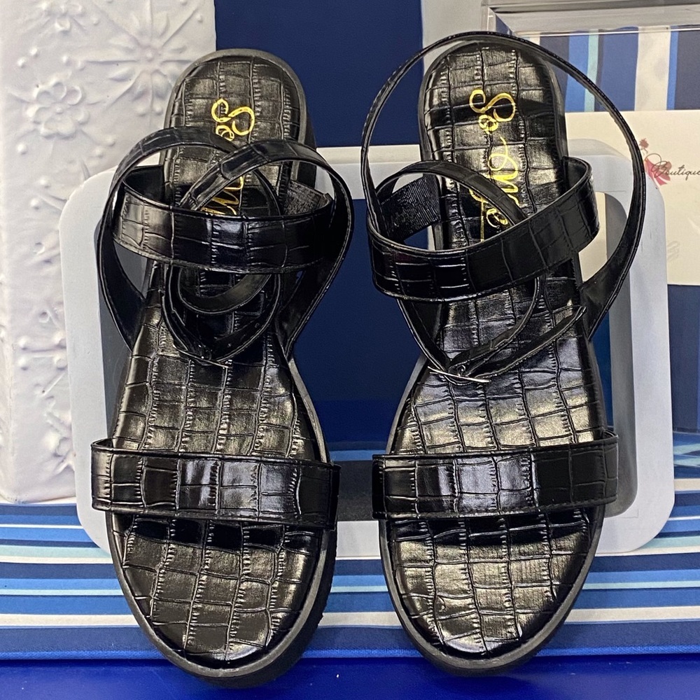 Black croc animal print platform wedge flatform ankle strap sandals Sz 10